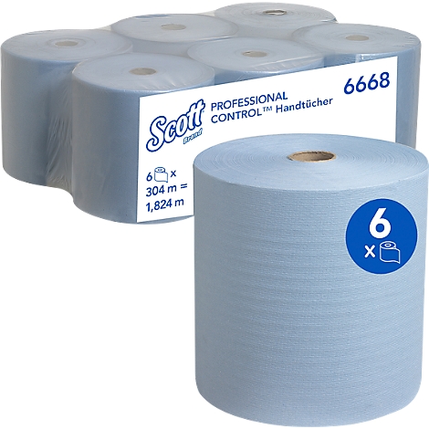 Six rouleaux d'essuie-mains bleus emballés, un rouleau est à côté. Inscription : Scott Professional Control Handtücher.