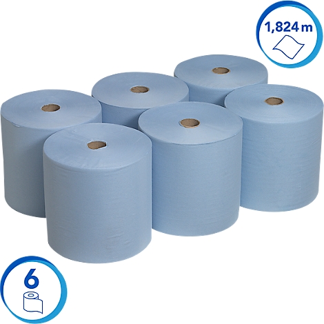 Six rouleaux de papier bleu clair, marqués de chiffres et de symboles.