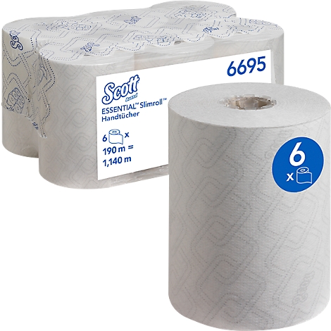 Essuie-tout, deux rouleaux en focus. Scott ESSENTIAL Slimroll. 6 rouleaux, 190m = 1 140m.
