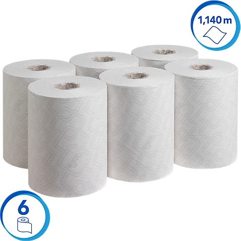 Six rouleaux de papier de cuisine blanc, texturés, avec une infographie bleue.