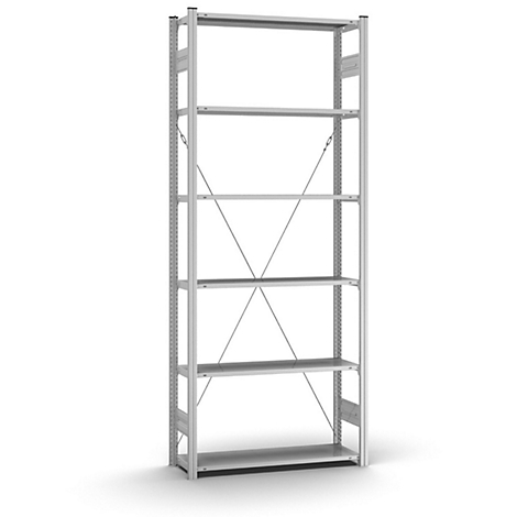 Una estantería metálica plateada con seis estantes, puntales diagonales y una base rectangular, sobre un fondo blanco.