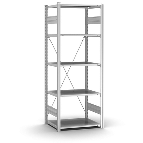 Estantería metálica con cuatro estantes. Los soportes están estabilizados con puntales.