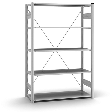 Una estantería metálica gris con cuatro estantes. Los puntales diagonales refuerzan la estructura. El fondo es blanco.