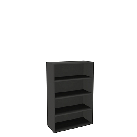 Estantería gris con cinco estantes sobre un fondo blanco.