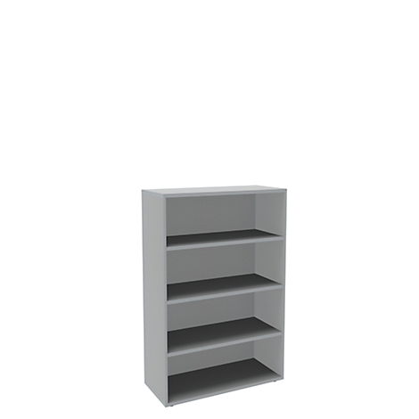 Estantería gris con cuatro estantes, sobre fondo blanco.