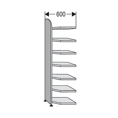 Estructura de estantería gris con seis estantes. El texto "600" se muestra con flechas.