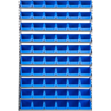 Estantería de pared con muchas cajas de plástico azul. La estantería está montada en la pared.