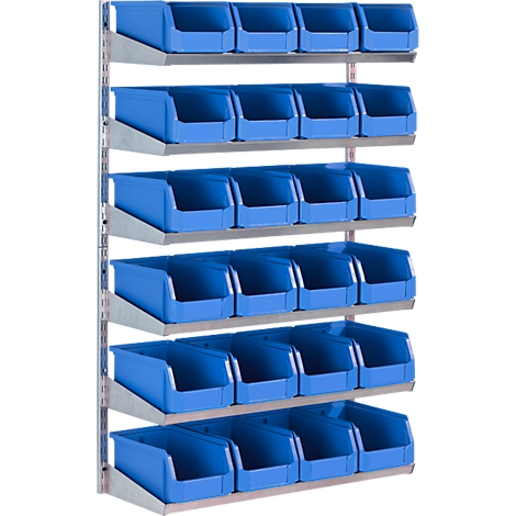 Una estantería azul montada en la pared con múltiples contenedores abiertos. Marco de metal con contenedores de plástico azul en múltiples filas.