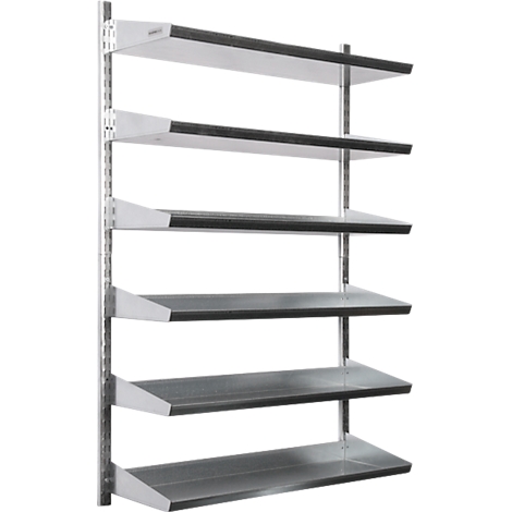 Estantería de pared con cinco estantes plateados, acentos negros.