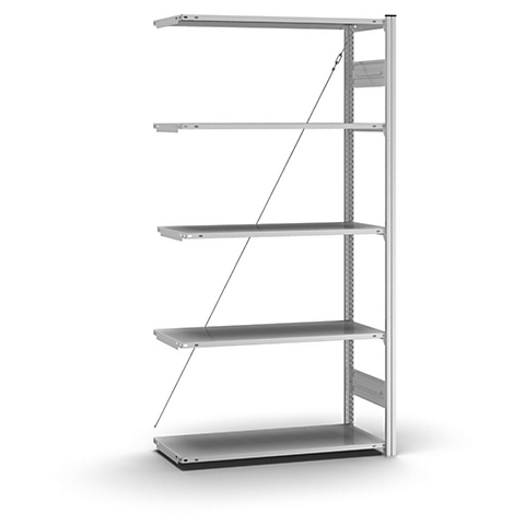 Una estantería de pared plateada con cinco niveles. Los cables de acero sostienen los estantes. El fondo es blanco.