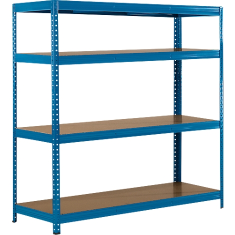 Estantería metálica azul con cuatro niveles y estantes de madera marrón.