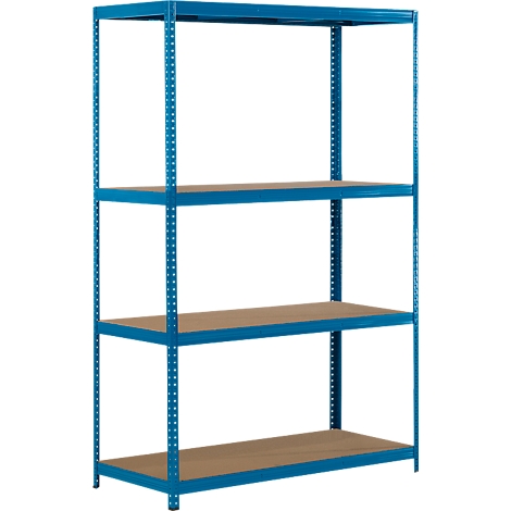 Estantería metálica azul con cuatro niveles. Las estanterías son de madera. La estantería está sobre un fondo blanco.