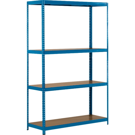 Estantería metálica azul con cuatro niveles. Estantes color madera sobre fondo blanco.
