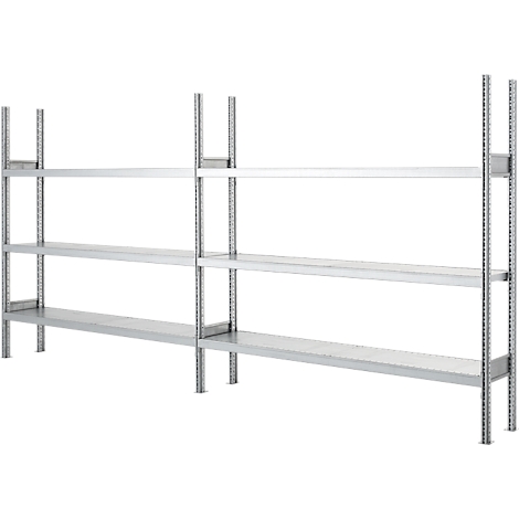 Estantería metálica con tres niveles. Los estantes están conectados por puntales verticales. Ambiente brillante.