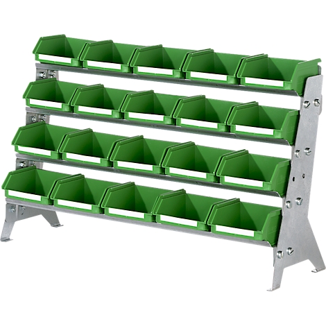 Estante de metal con contenedores de plástico verde en varias filas.