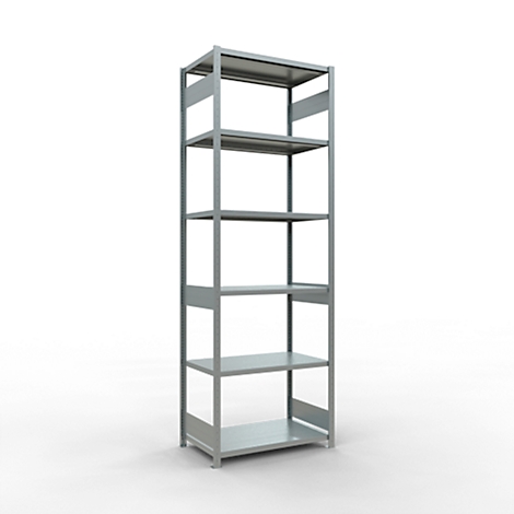 Estantería de metal gris con cinco niveles, sobre fondo blanco.