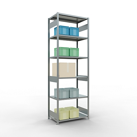 Estante gris con cajas azules, verdes, beige y amarillas. Las cajas están dispuestas en diferentes niveles.