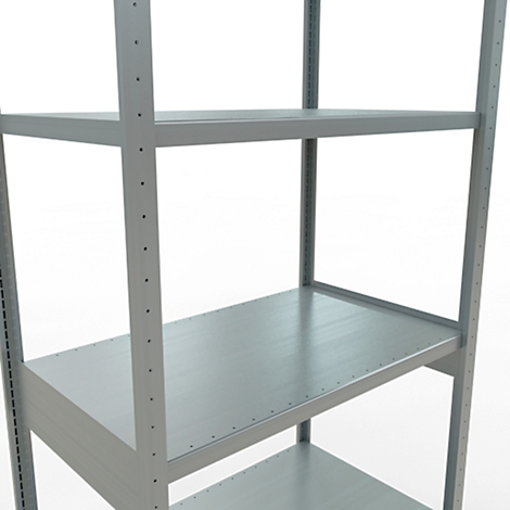 Un estante de metal gris contra un fondo blanco. Tiene cuatro estantes y puntales verticales.