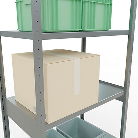 Estantería metálica gris con varios niveles, repleta de cajas verdes, una caja de cartón marrón y contenedores azul grisáceo.