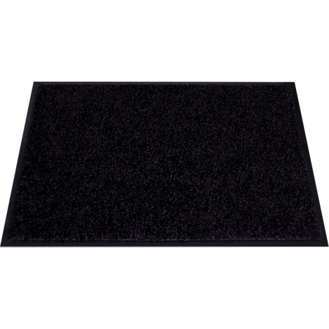 Felpudo rectangular negro con borde negro sobre fondo blanco.