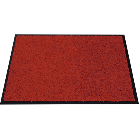Felpudo rojo con borde negro. La alfombra tiene una superficie rugosa.