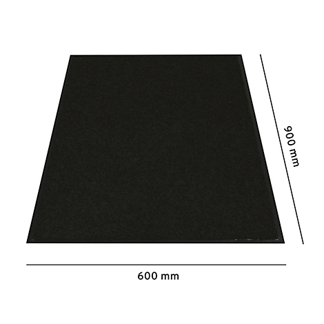 Alfombra negra, 600 x 900 mm. Dimensiones indicadas en blanco.