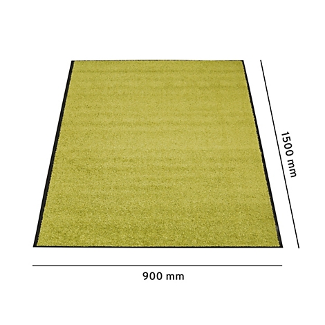Una alfombra rectangular verde con un borde negro. Dimensiones: 900 x 1500 mm.