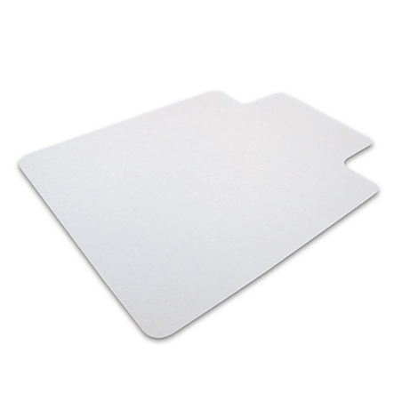 Alfombrilla blanca rectangular para silla de oficina con esquinas redondeadas y un recorte.