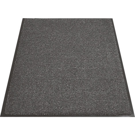 Felpudo rectangular gris oscuro con borde negro.