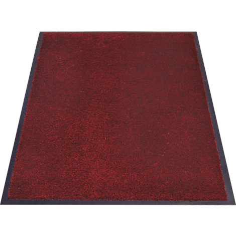 Una alfombra rectangular de color rojo oscuro con un marco negro.