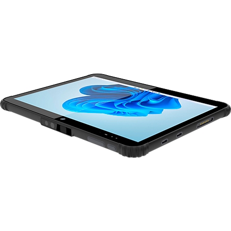 Schwarzes Tablet mit blauem Windows-Logo auf dem Bildschirm vor neutralem, weißem Hintergrund.