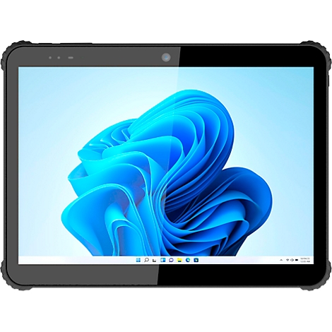Ein robustes Tablet mit schwarzem Rahmen zeigt den blauen Windows-Standardhintergrund.