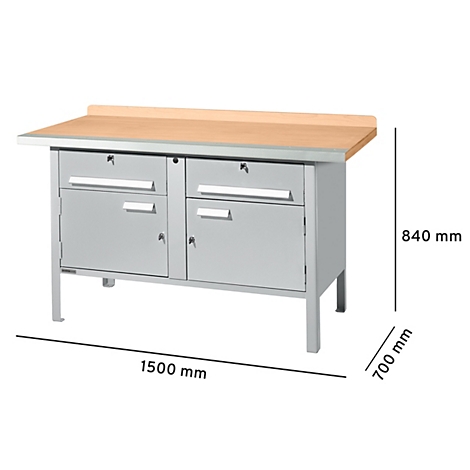 Établi avec éléments d'armoire gris, plateau en bois et spécifications de taille : 1500 mm x 700 mm x 840 mm.