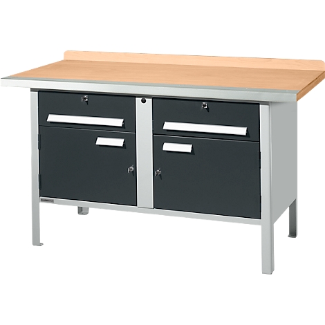 Établi avec tiroirs gris, cadre argenté et plateau en bois.