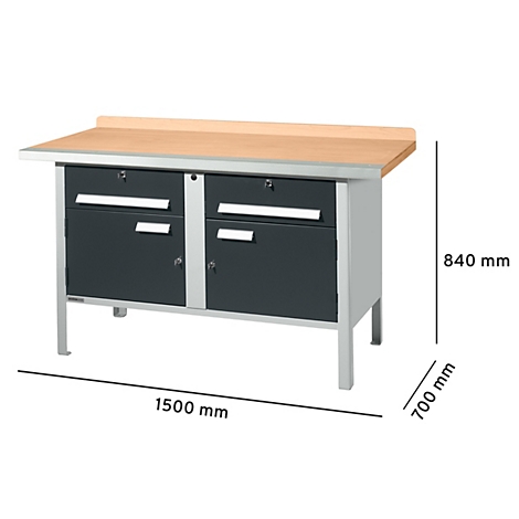 Établi avec plateau en bois, tiroirs anthracite et pieds argentés. Dimensions : 1500x700x840 mm.