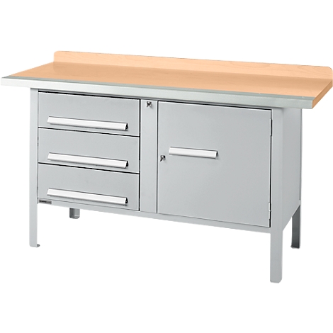 Établi avec plateau en bois, tiroirs et armoire gris. Debout sur des pieds gris clair.
