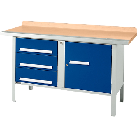 Établi avec porte et tiroirs bleus, plateau en bois et cadre gris clair.