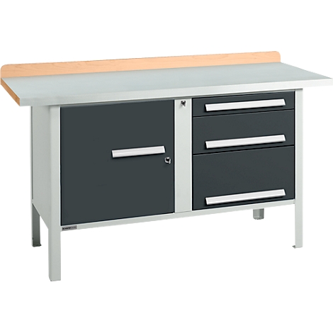 Établi avec une base en métal gris, des portes et tiroirs gris foncé et un plateau en bois.