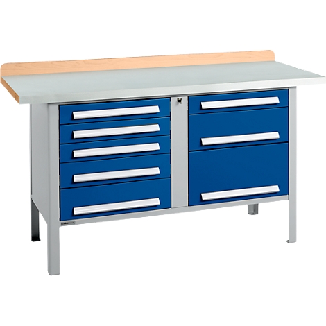 Établi avec tiroirs bleus et surface de travail gris clair. Le plateau est en bois.