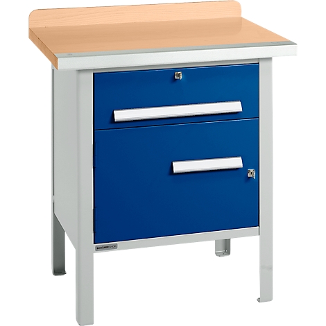 Armoire d'atelier bleue avec plateau en bois et pieds gris clair.