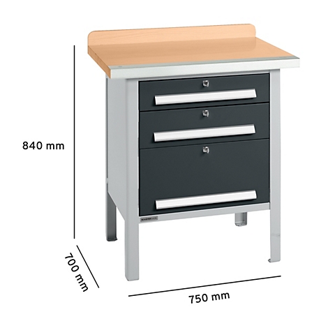 Établi avec tiroirs ; dimensions : 840 mm de haut, 700 mm de profondeur et 750 mm de largeur.