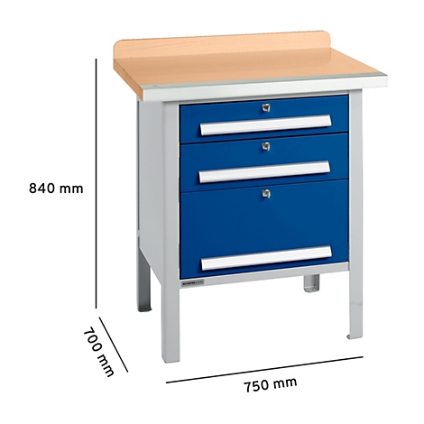 Table de travail bleu-gris avec trois tiroirs. Plan de travail en bois. Dimensions : 840 x 700 x 750 mm.
