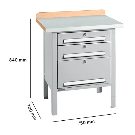 Table d'atelier grise avec trois tiroirs, plateau en bois et dimensions.