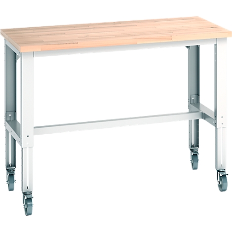 Établi avec roulettes, dessus en bois clair et cadre en métal blanc.