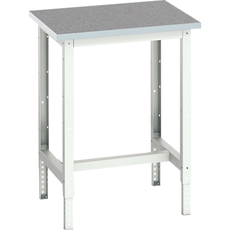 Une table de travail en métal avec un plateau gris. Les pieds sont réglables en hauteur.