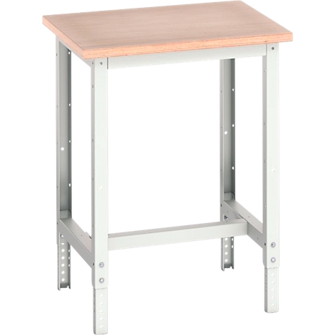 Établi avec plateau en bois et cadre en métal clair. Les pieds sont réglables en hauteur. Le fond est blanc.