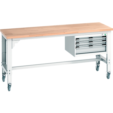 Établi avec plateau en bois, pieds argentés et tiroirs. Roulettes pour faciliter le déplacement.