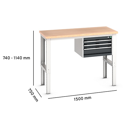 Établi avec plateau en bois, pieds gris et tiroirs. Dimensions : 1500 x 750 x 740-1140 mm.