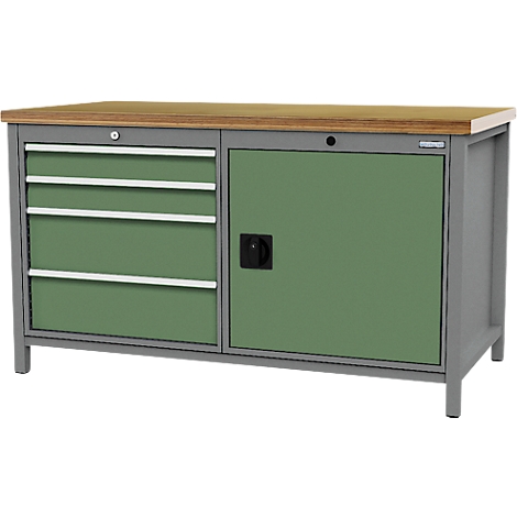 Établi en métal avec tiroirs et armoire, plateau en bois.