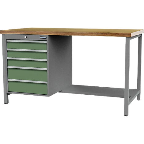 Établi avec des pieds en métal gris, un plateau en bois et des tiroirs verts. Quatre tiroirs à gauche.